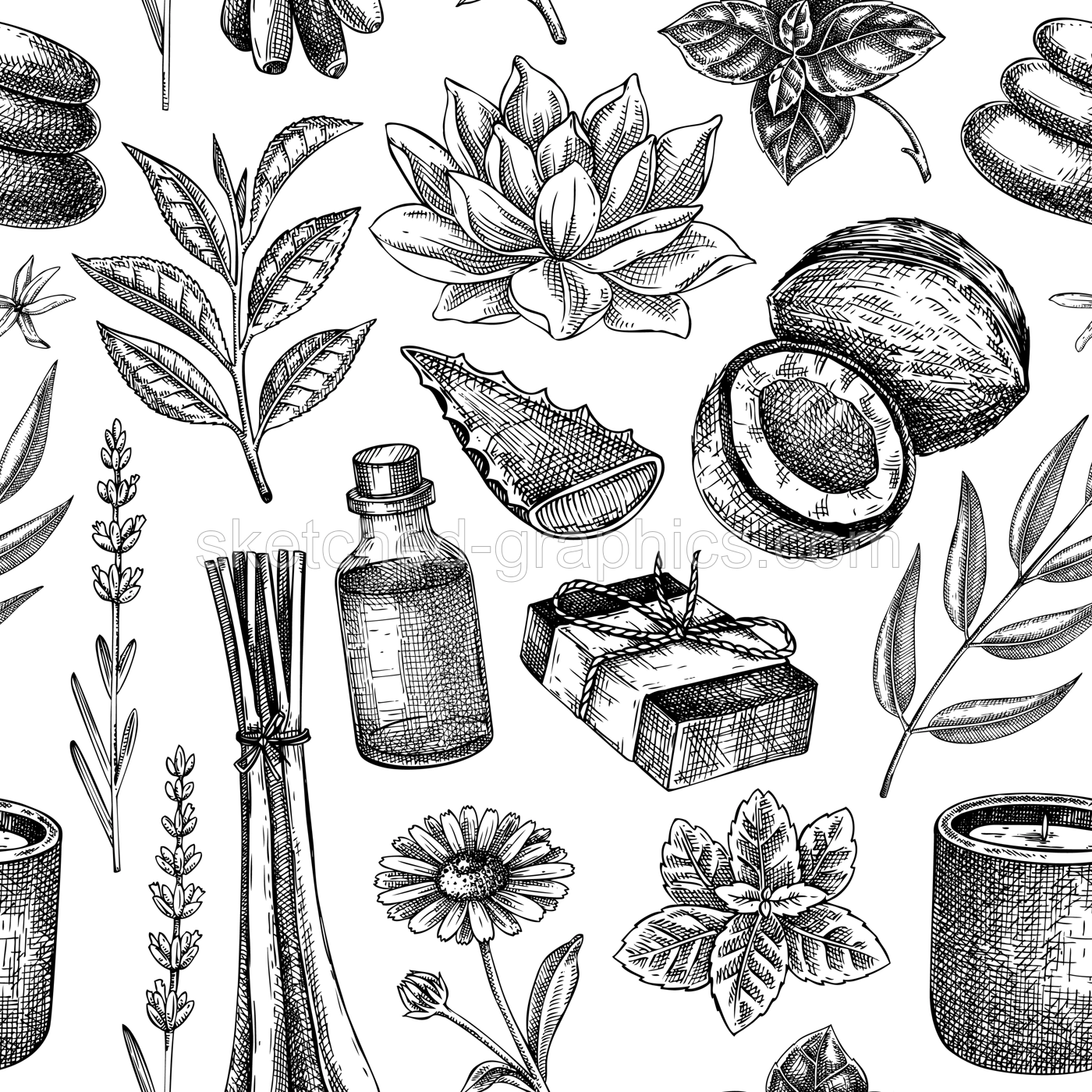 Spa background design. Welness seamless pattern. Medicinal herbs, floral element, natural ingredients sketches. Hand drawn vector illustration.  Illustration